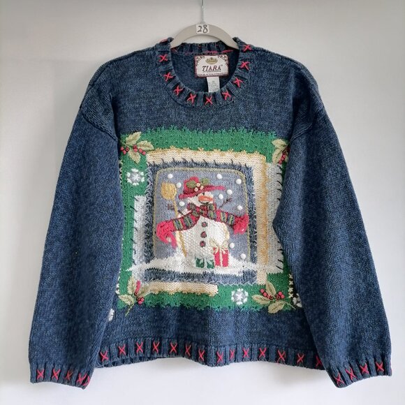Tiara International Sweaters - Vintage Tiara International Womens Blue Snowman Drop Shoulder Jumper Size Medium